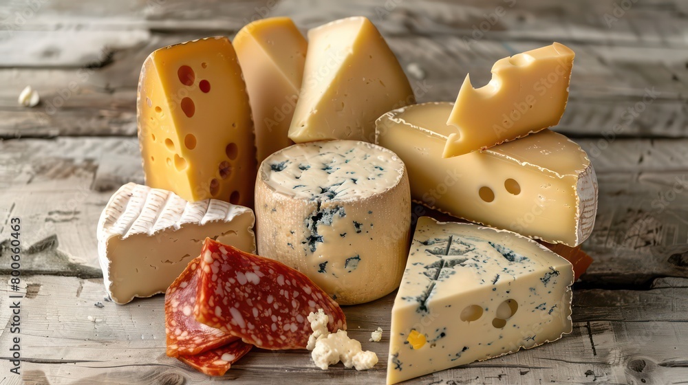 assortment of cheeses on a wooden background