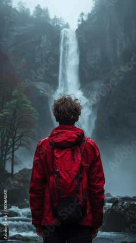 A man in red jacket standing near a waterfall with trees, AI