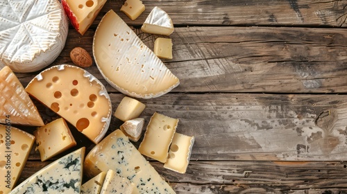 assortment of cheeses on a wooden background