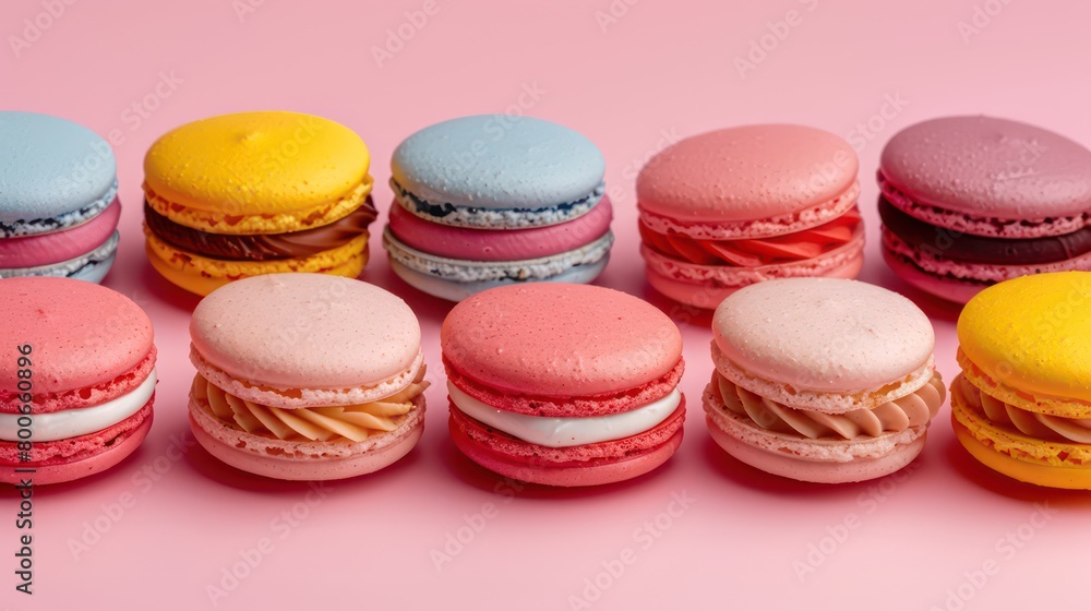 colorful macarons arranged in a light pink background colorful macarons arranged in a light pink background
