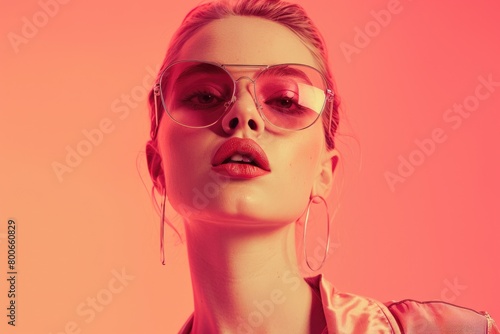 A woman wearing glasses standing against a pink background. Suitable for various concepts and designs