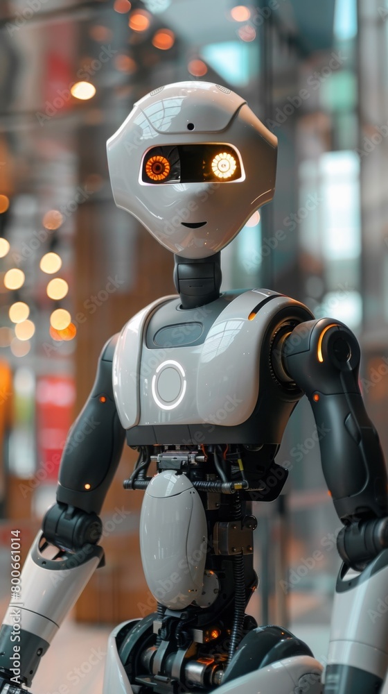 Fototapeta premium A robot with glowing eyes and a smile on its face, AI