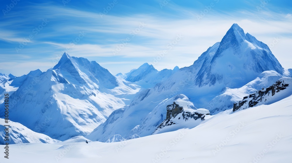 Panoramic view of the snowy mountains in the Alps in winter
