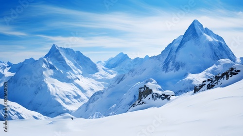 Panoramic view of the snowy mountains in the Alps in winter