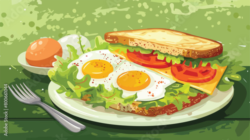 Plate with tasty scrambled eggs sandwich and salad 