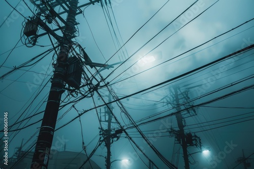 A view of power lines and a street light, suitable for urban or industrial concepts