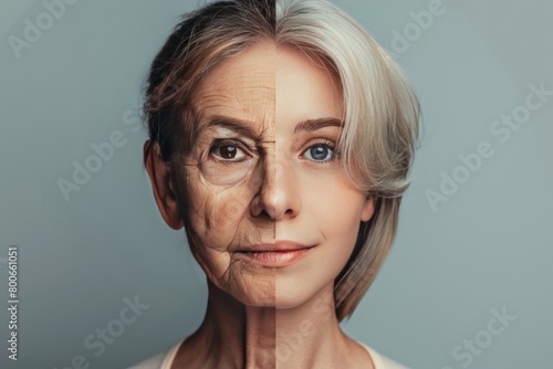 Aging resistance integrates longevity treatments with split skincare, focusing on mature visual contrasts and age division in skincare routines.