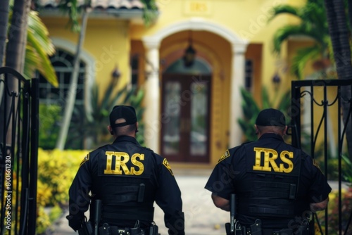 IRS tax agents standing in front of a mansion for a raid