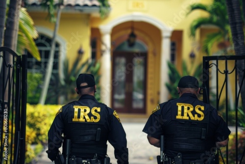 IRS tax agents standing in front of a mansion for a raid photo
