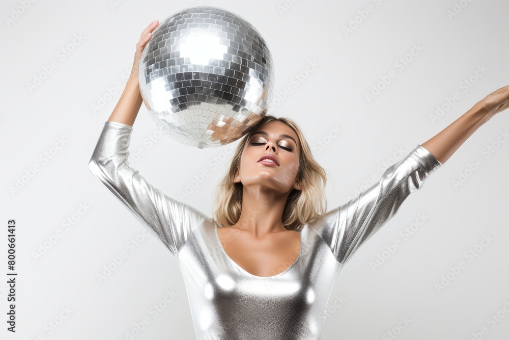 Naklejka premium Stylish Young Woman Posing with a Silver Disco Ball in a Shiny Silver Bodysuit Against a Clean White Background, Reflecting Modern Glamour and Elegance, Perfect for Fashion and Nightlife Concepts