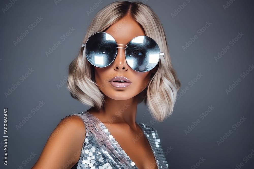 A photo of a stunning blonde model in a silver sequin dress and reflective sunglasses. She flaunts perfect makeup and hair with a confident expression. The studio shot features a gray background. A photo of a stunning blonde model in a silver sequin dress and reflective sunglasses. She flaunts perfect makeup and hair with a confident expression. The studio shot features a gray background.