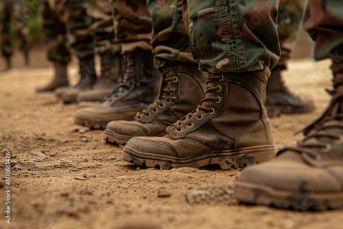 A group of soldiers standing on a dirt field, suitable for military and teamwork concepts photo