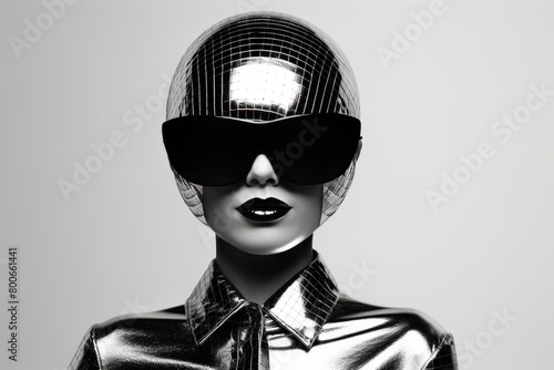 Shiny Disco Ball Head Woman Wearing Stylish Sunglasses And Silver Outfit Standing Confidently Against White Background, Reflecting Light And Sparkle, Embracing Retro 80s Fashion And Glamour