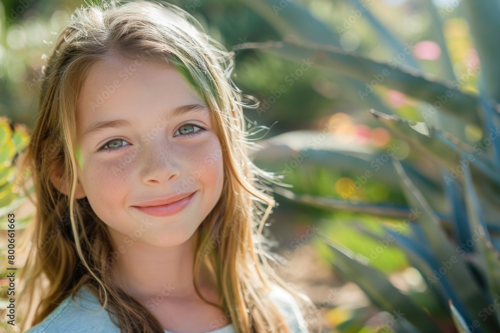 A young girl smiling in front of a plant. Suitable for lifestyle and nature concepts A young girl smiling in front of a plant. Suitable for lifestyle and nature concepts