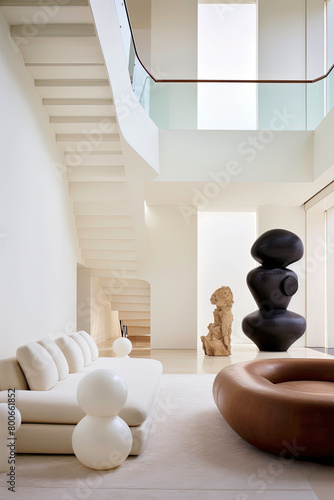 Modern Interior Featuring a Staircase, White Furniture, and Distinctive Large Sculptures