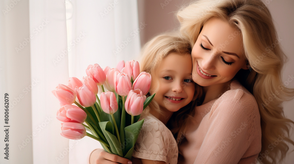 A mother and daughter hugging the girl holding pink tulips in her hands. Photo for Mother’s Day. A mother and daughter hugging the girl holding pink tulips in her hands. Photo for Mother’s Day.
