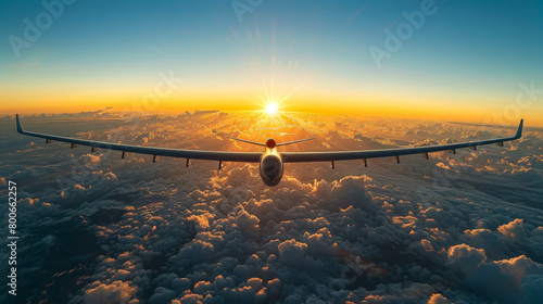 An innovative solar-powered aircraft glides above the clouds, captured in the majestic glow of the rising sun.