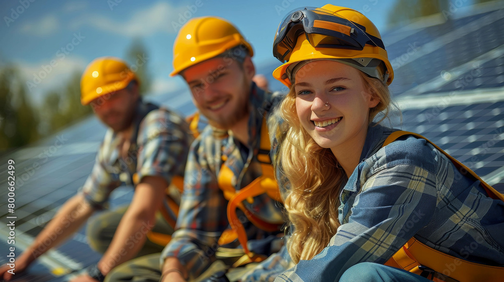 A group of solar panel installation workers wearing hard hats and safety gear smile at the camera. A group of solar panel installation workers wearing hard hats and safety gear smile at the camera.