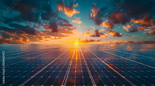 Vast solar panel field captures the waning sun, highlighting renewable energy and sustainable technology. photo