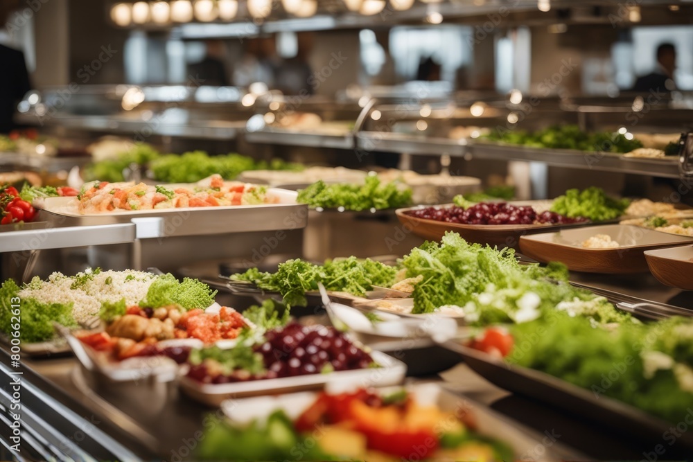 'salatbuffet einer kantine eine frau bedient sich einem salad bar vegetarian vitamin dish food canteen healthy health green take vegan woman'