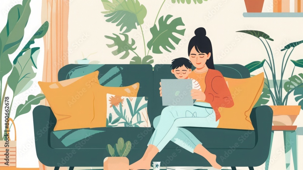 Woman Sitting on Couch With Child on Lap Woman Sitting on Couch With Child on Lap