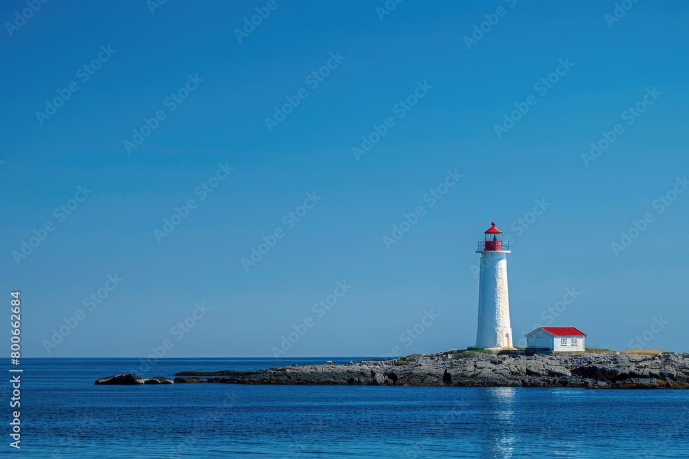 A white lighthouse standing on a rocky island. Perfect for maritime themes A white lighthouse standing on a rocky island. Perfect for maritime themes
