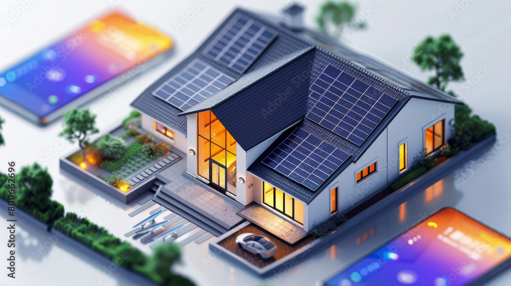 A 3D rendering of a modern house with solar panels on the roof and a smart home system. A 3D rendering of a modern house with solar panels on the roof and a smart home system.