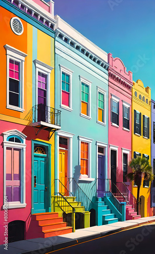 minimalistic flat color retro print depicting a rainbow row of houses in an old European town, landmarks of old architecture, world travel, © Perecciv