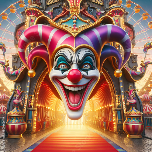 Vibrant Enchanting Carnival Background with Large 3D Jester Face Sign Signboard on Fun Circus Tent as Attractions Entrance Arrow Signpost Pointing Direction Retro Vintage Nostalgic Amusement Park Ride photo