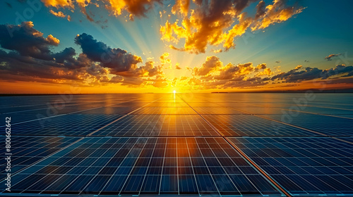 Sunset Rays Over Oceanfront Solar Energy Farm