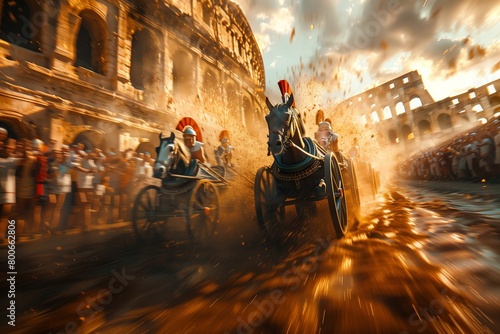 High-Octane Action Photography. Chariot Racing at Sunset. Sunlit Roman Chariot Race with Dust Flying and Crowd Cheering.