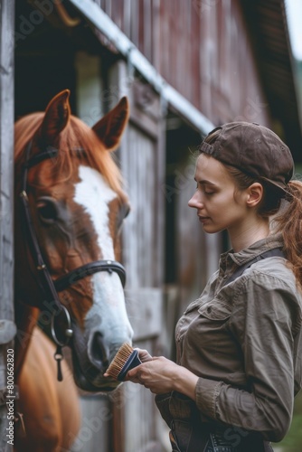 A woman brushing a horse's teeth. Ideal for veterinary or animal care concepts