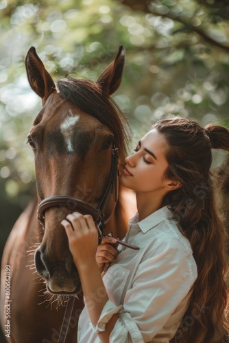 A woman standing next to a brown horse, suitable for various equestrian and outdoor themes