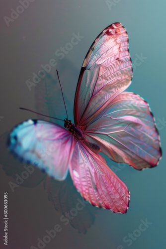 Beautiful pink and blue butterfly perched on a blue surface. Perfect for nature and wildlife themed designs photo