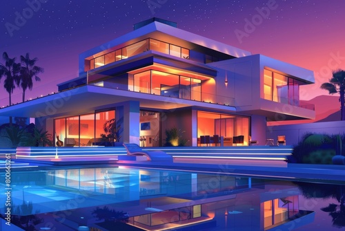 Modern house with a swimming pool illuminated at night. Perfect for real estate or vacation rental promotions