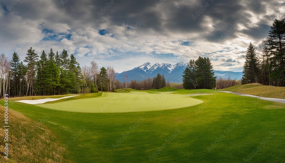 Panoramic view of Golf Course. Golf field with a rich green turf beautiful scenery Panoramic view of Golf Course. Golf field with a rich green turf beautiful scenery