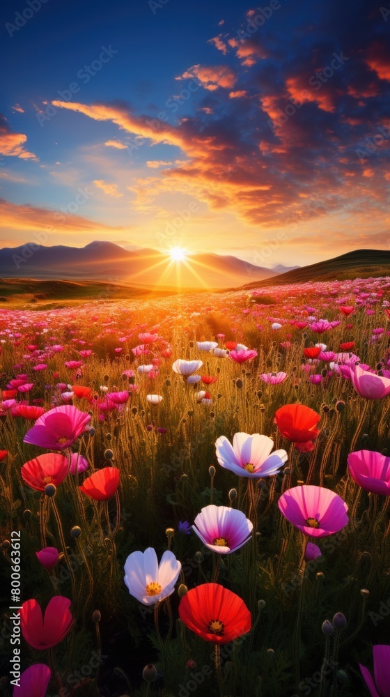 Vibrant Sunset Over Flower Field