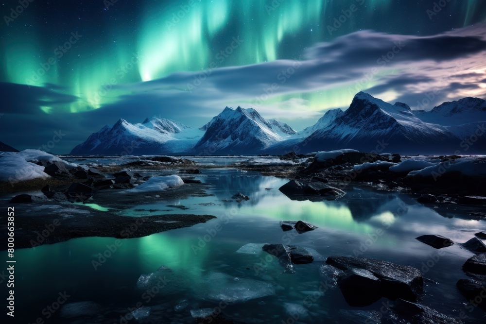 Breathtaking Aurora Borealis over Snowy Mountains
