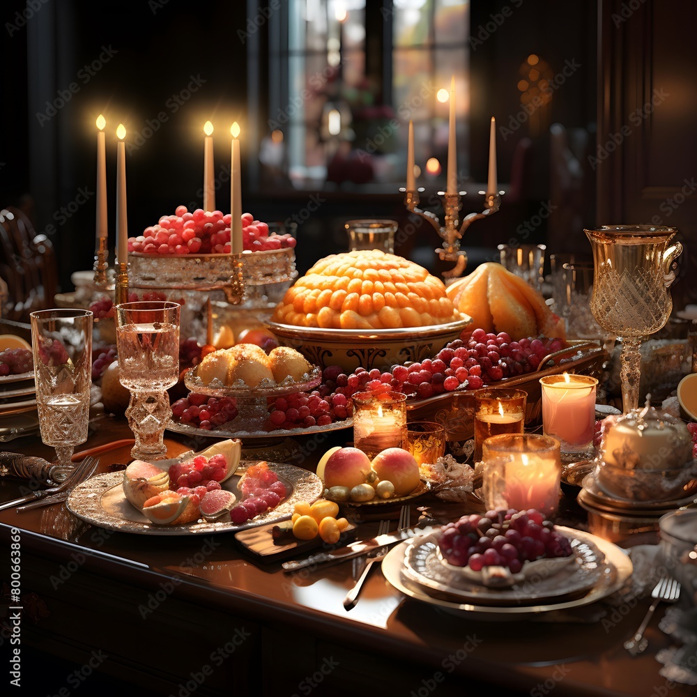 Festive table with candlesticks, fruits and crockery