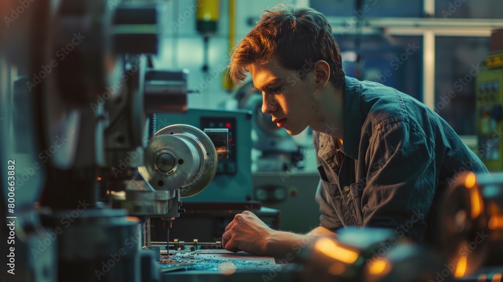 A man working on a machine in a factory. Suitable for industrial concepts