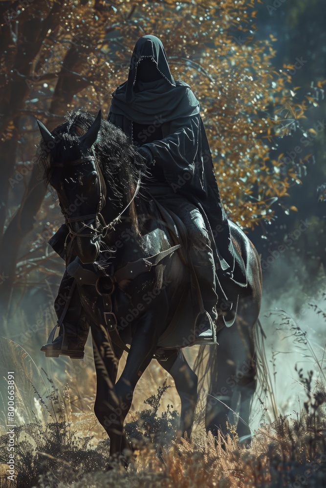 Fototapeta premium A person riding a horse in a scenic wooded area. Great for outdoor and nature-themed designs