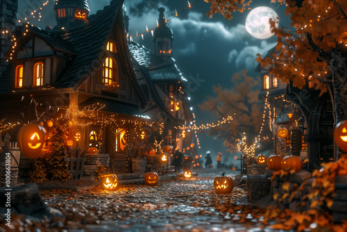  A magical Halloween night unfolds in a cozy, eerie village. The scene is illuminated by the warm glow of jack-o'-lanterns lining the cobblestone path.