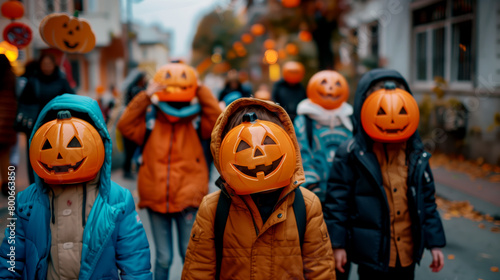 A captivating scene of people dressed in orange jackets, their heads replaced by grinning jack-o'-lanterns, marching down a street lined with autumn foliage.