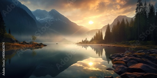 Serene mountain lake at sunset