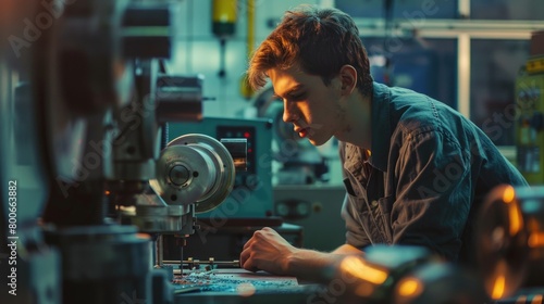 A man working on a machine in a factory. Suitable for industrial concepts