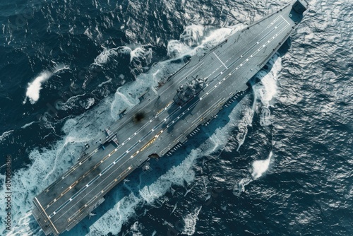 Aerial view of an aircraft carrier at sea. Suitable for military and transportation concepts