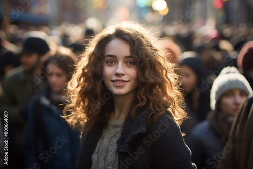 Smiling woman with curly hair in a crowd