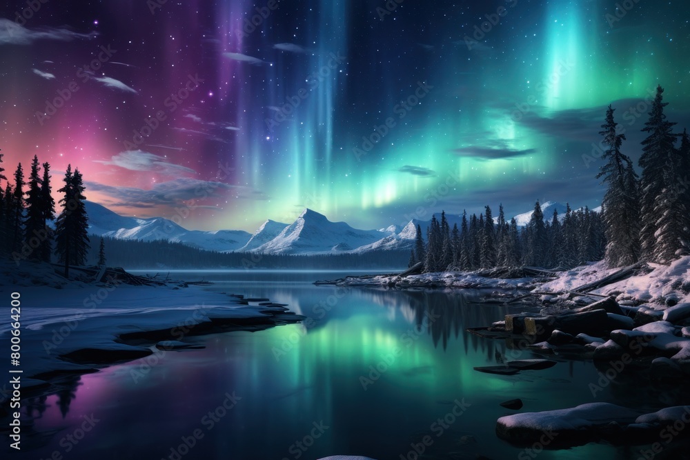 Breathtaking Aurora Borealis over Snowy Landscape