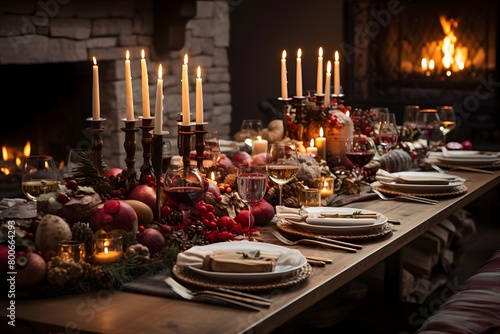 Christmas table setting in a rustic style with candles and christmas decoration