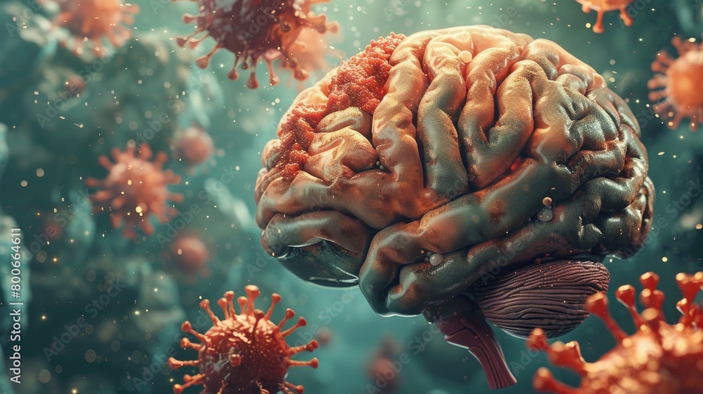Obraz premium A brain surrounded by viruses, suitable for medical and scientific concepts